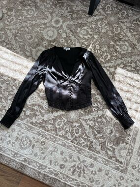 Heartloom Black Satin Long-Sleeve V-Neck Button-Front Top with Lace